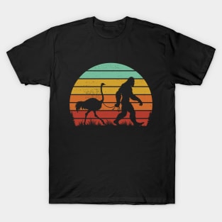 Bigfoot Sasquatch Walking An Ostrich Vintage Sunset Bird Lover T-Shirt